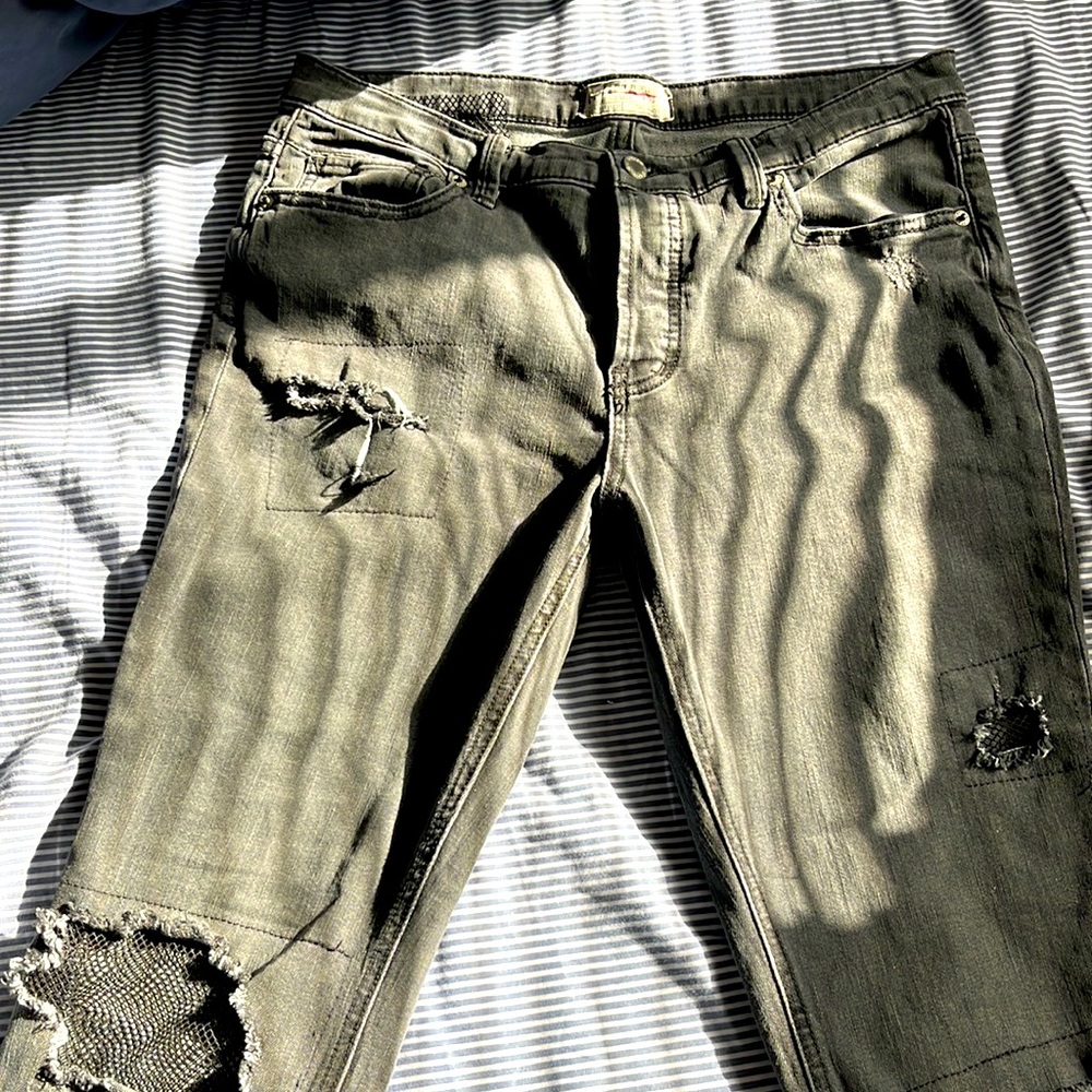 Free People Washed Black Stretch Denim & Fishnet Button Fly Skinny Jeans